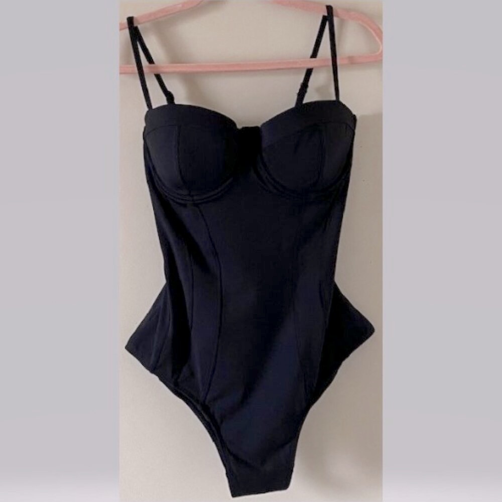 Black One-Piece Swimsuit Cinched Lace-Up Waist - Picture 2 of 9